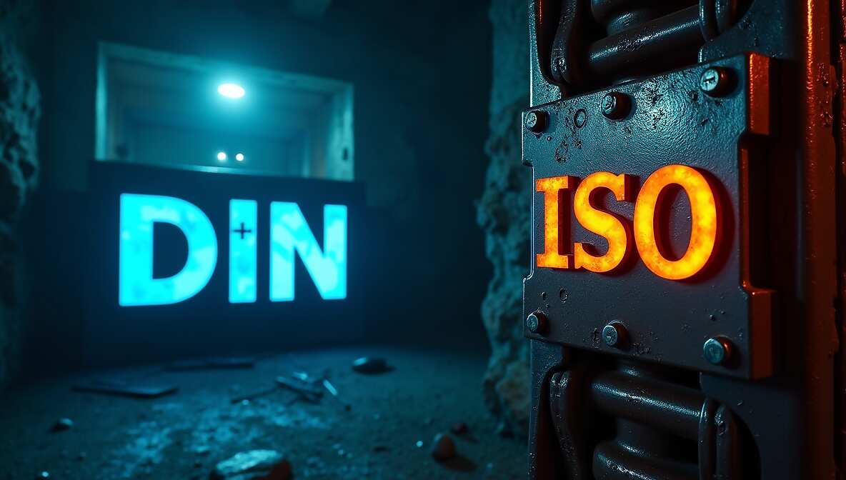 اینفوگرافیکی که لوگوهای DIN و ISO را در کنار زنجیر آسانسور در یک محیط معدنی نمایش میدهد و بر رعایت استانداردها تأکید دارد.