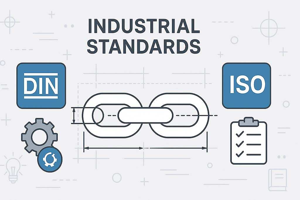 اینفوگرافیک تمیز که مفهوم استانداردهای صنعتی را نشان میدهد، با آیکونهایی برای DIN و ISO و یک زنجیر در مرکز