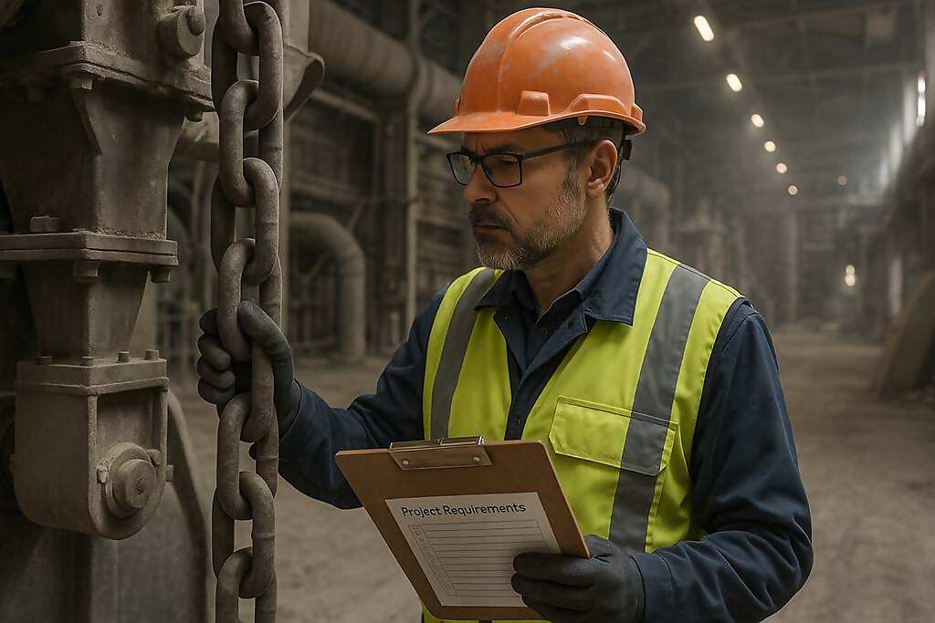 یک مهندس در حال بررسی زنجیر آسانسور در یک کارخانه سیمان، با چک لیستی از الزامات پروژه در دست.