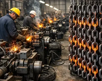 صحنهای واقعگرایانه از یک کارخانه تولید زنجیرهای آویزان با کشش نرم
